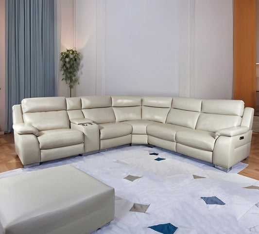 Bambino Leather Corner Sofa With Motorised Recliner Cream