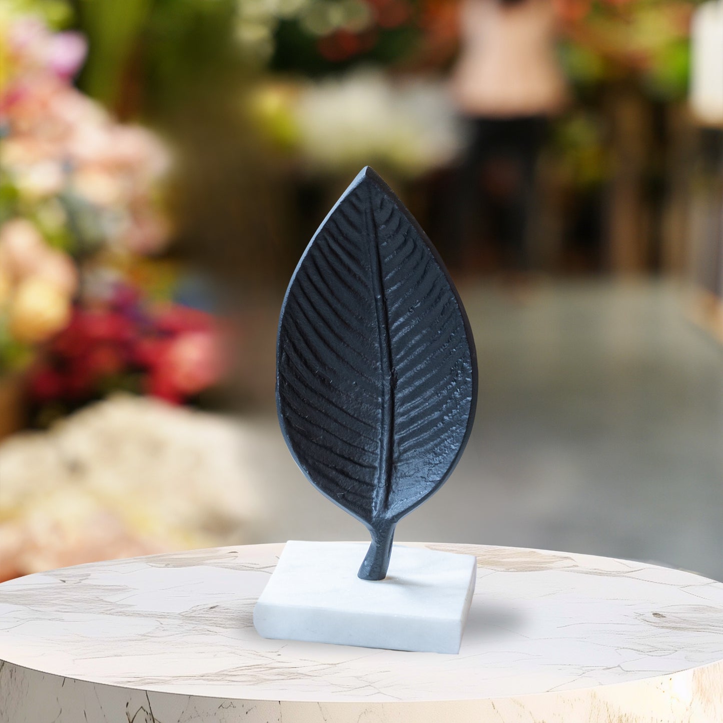 Minimalist Iron Leaf Sculpture on Marble Base