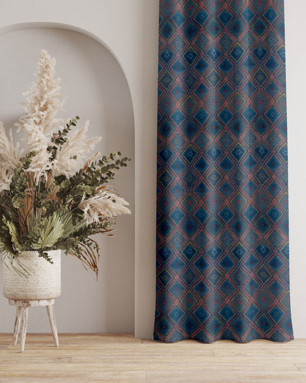 Carribean geometry and royal blue eyelet curtain