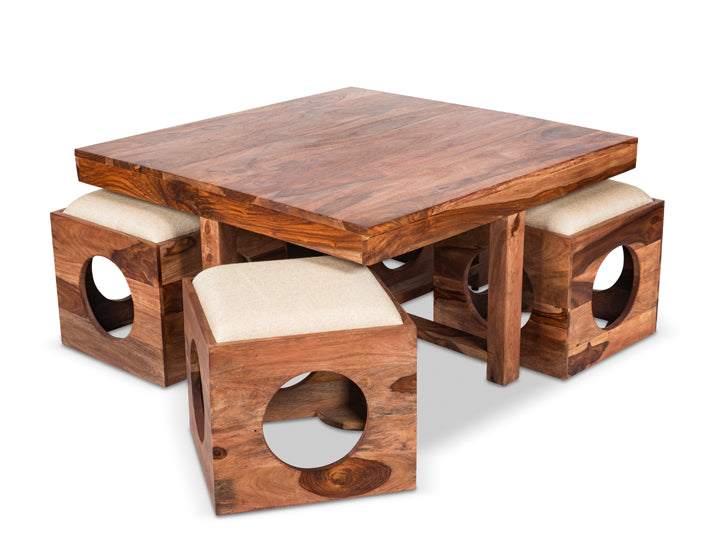 CUBIC Square Seesham Wood Coffee Table with 4 Stool