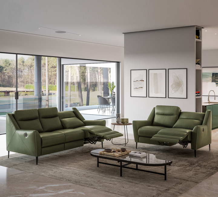 Half Leather Power 3+2 Seater Recliner Green - ZEC7