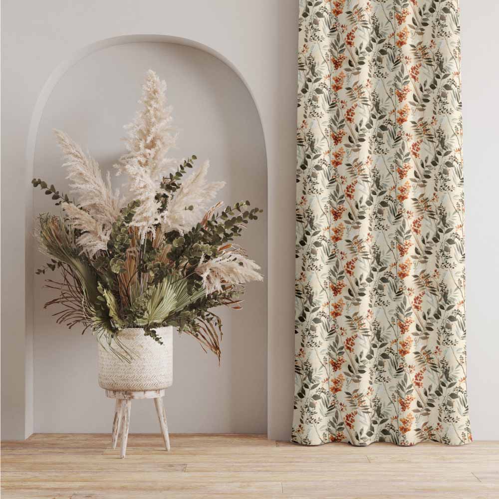 Splash of colors orange and cream leafy style polyester eyelet curtain