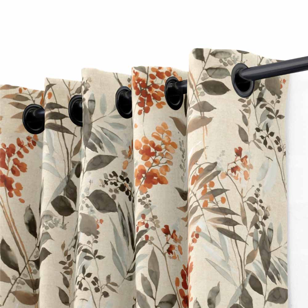 Splash of colors orange and cream leafy style polyester eyelet curtain