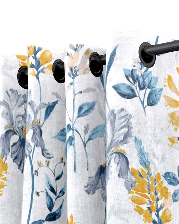Blue and white floral petal design polyester eyelet curtain