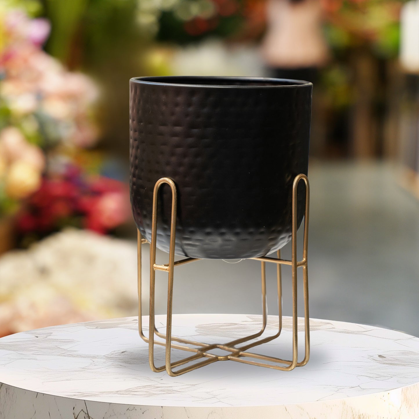 Textured Black Planter with Gold Stand