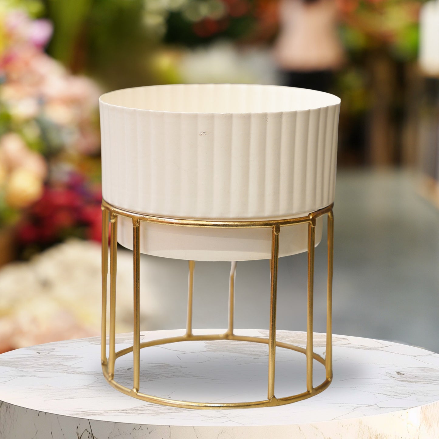 Ivory Ribbed Planter with Gold Frame Stand