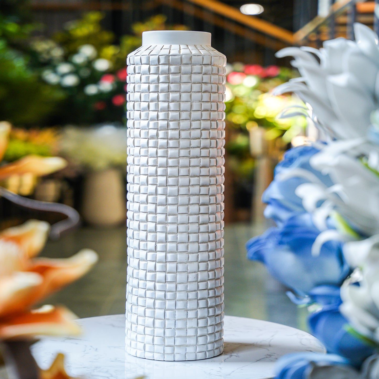 Woven Grid Tall Vase – White Stone Finish
