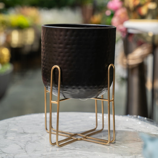 Textured Black Planter with Gold Stand
