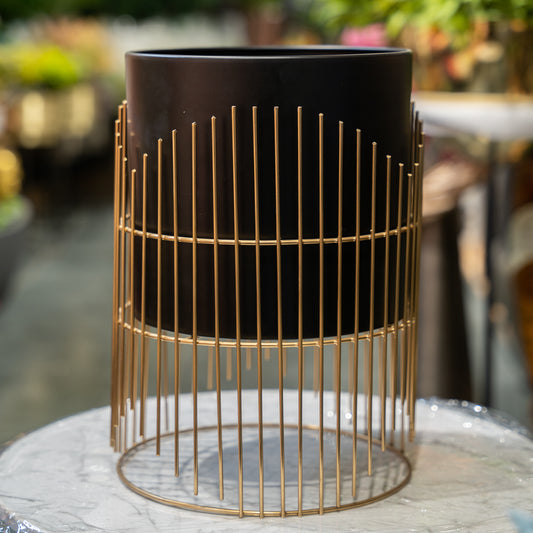 Brushed Black and Gold Planter with Wire Cage Stand