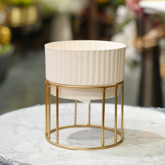 Ivory Ribbed Planter with Gold Frame Stand