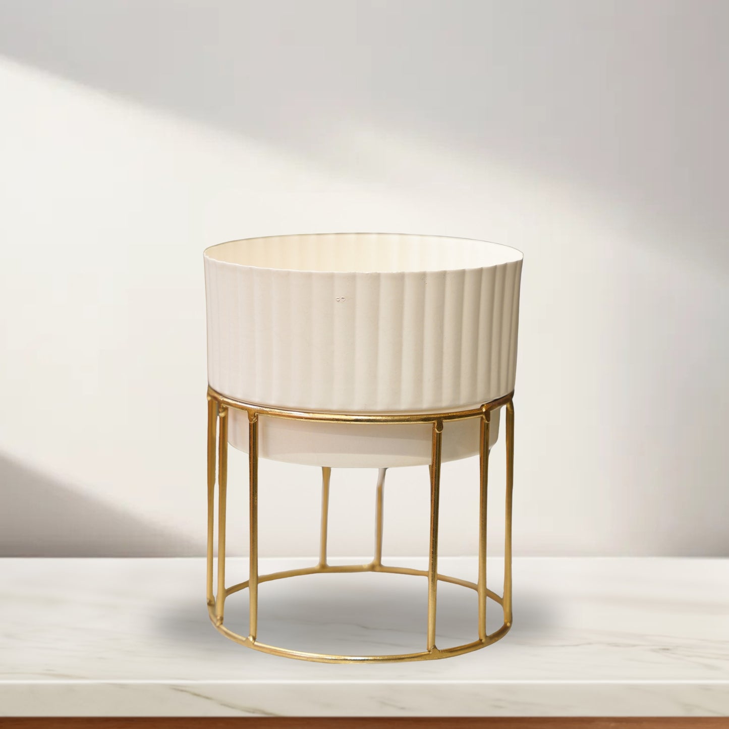 Ivory Ribbed Planter with Gold Frame Stand